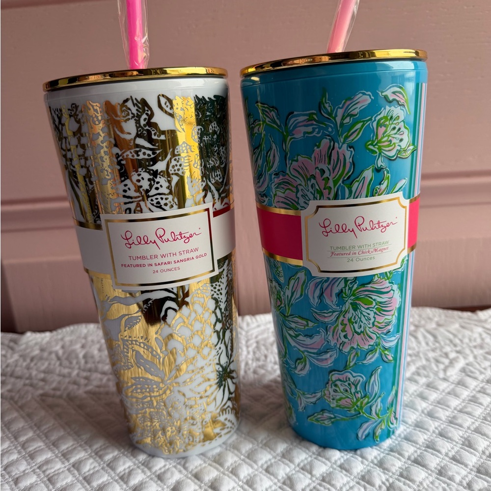 Set of 2 Lilly Pulitzer Gold and Blue Floral Tumblers
